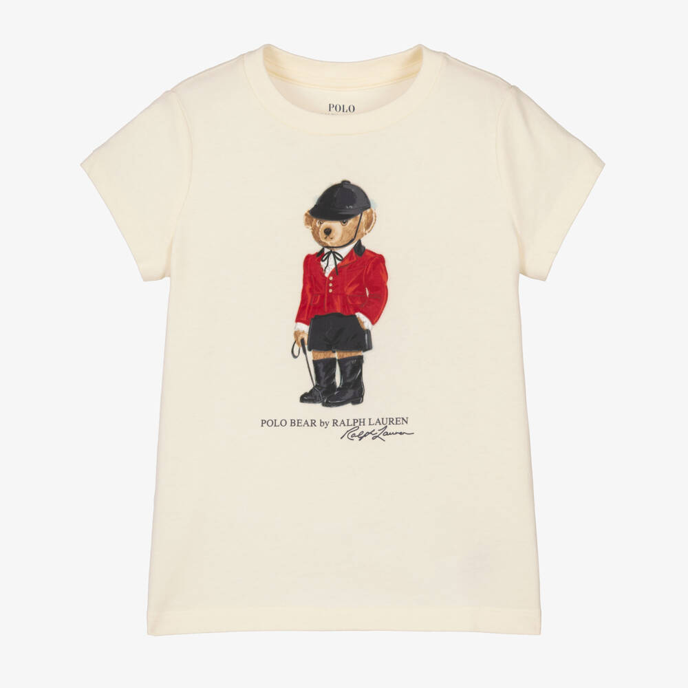Ralph Lauren-Girls Ivory Cotton Equestrian Polo Bear Tee | Childrensalon