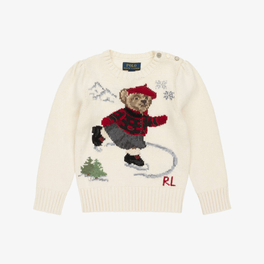 Ralph Lauren-Girls Ivory Cotton Knit Sweater with Ice Skating Polo Bear  | Childrensalon