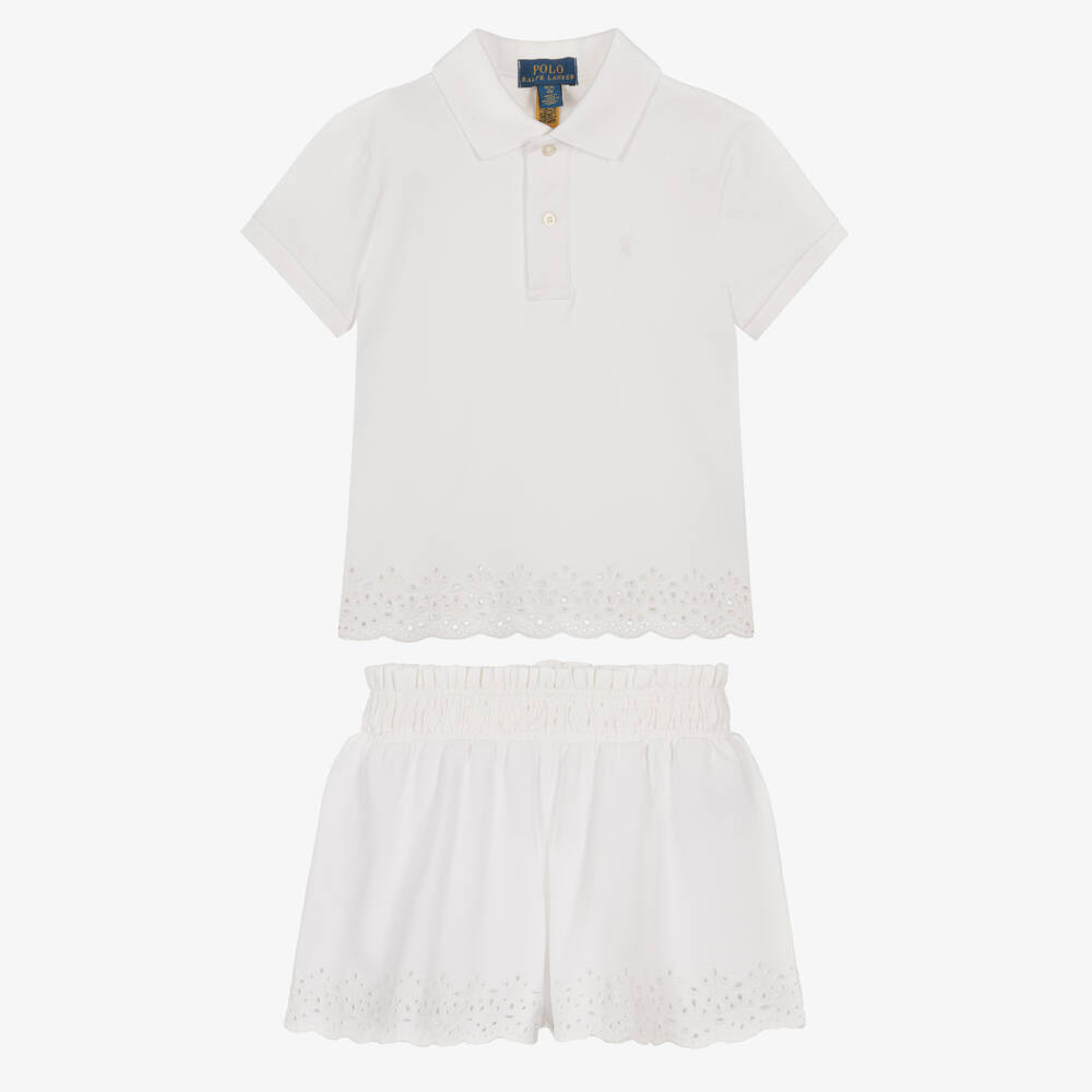 Ralph Lauren-Girls Ivory Cotton Piqué Shorts Set with Cutwork Embroidery | Childrensalon