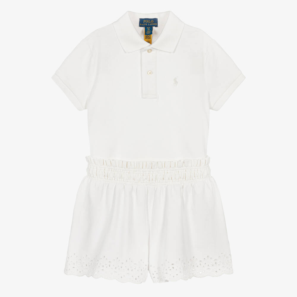 Ralph Lauren-Girls Ivory Cotton Piqué Shorts Set with Cutwork Embroidery | Childrensalon