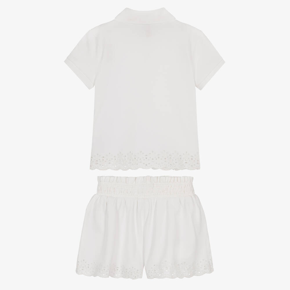 Ralph Lauren-Girls Ivory Cotton Piqué Shorts Set with Cutwork Embroidery | Childrensalon