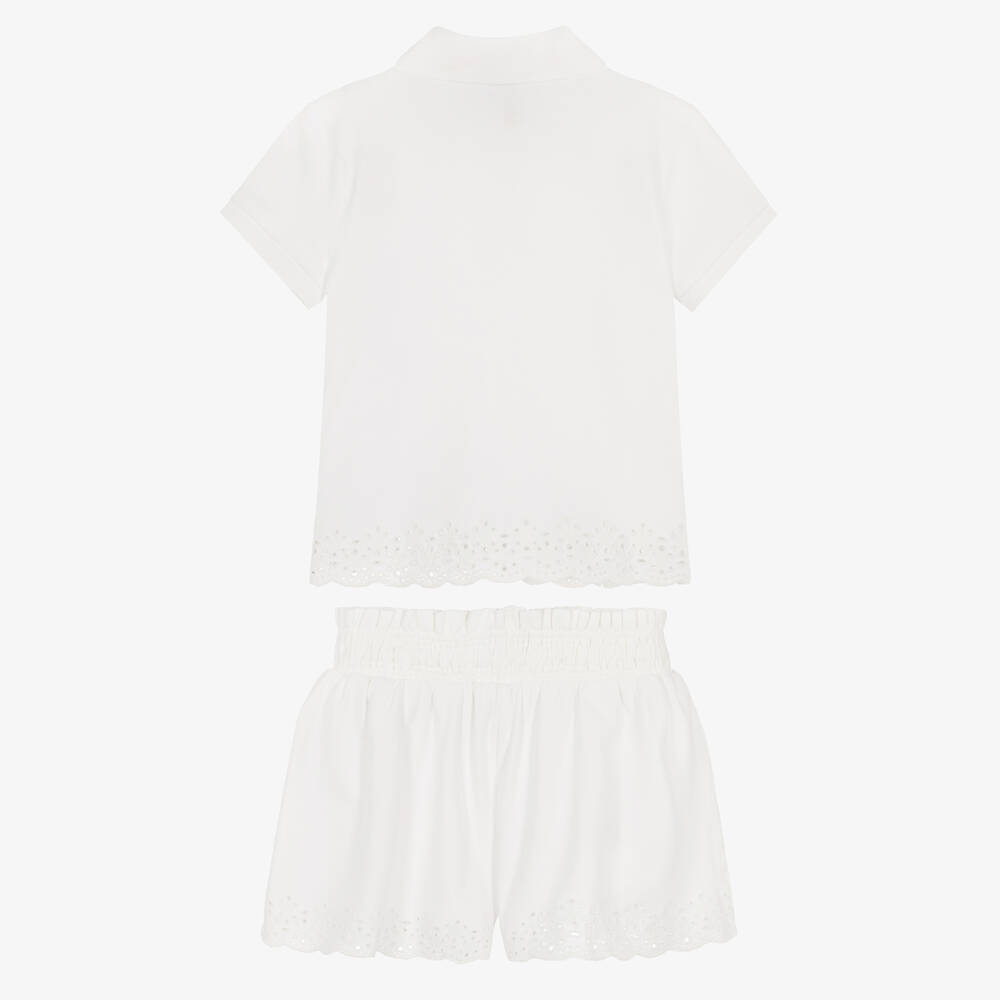 Ralph Lauren-Girls Ivory Cotton Piqué Shorts Set with Cutwork Embroidery | Childrensalon