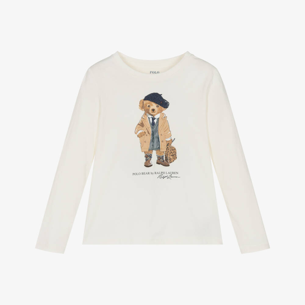 Ralph Lauren-Girls Ivory Cotton Polo Bear Top | Childrensalon