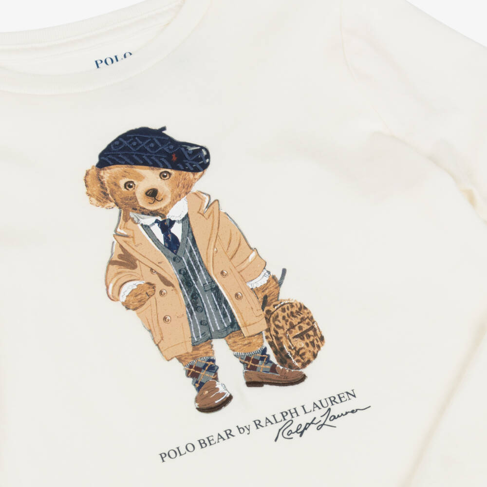 Ralph Lauren-Girls Ivory Cotton Polo Bear Top | Childrensalon
