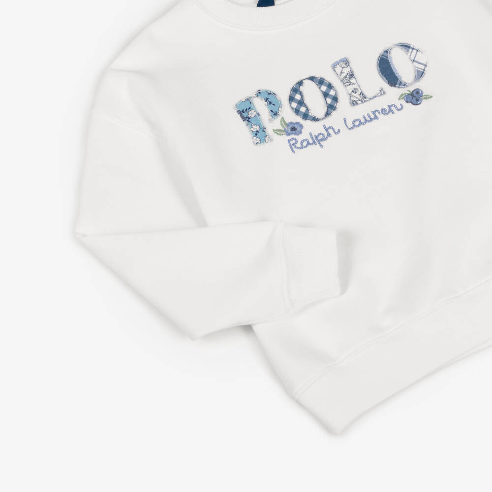 Ralph Lauren-Свитшот кремовый хлопковый с синим аппликационным логотипом для девочек | Childrensalon