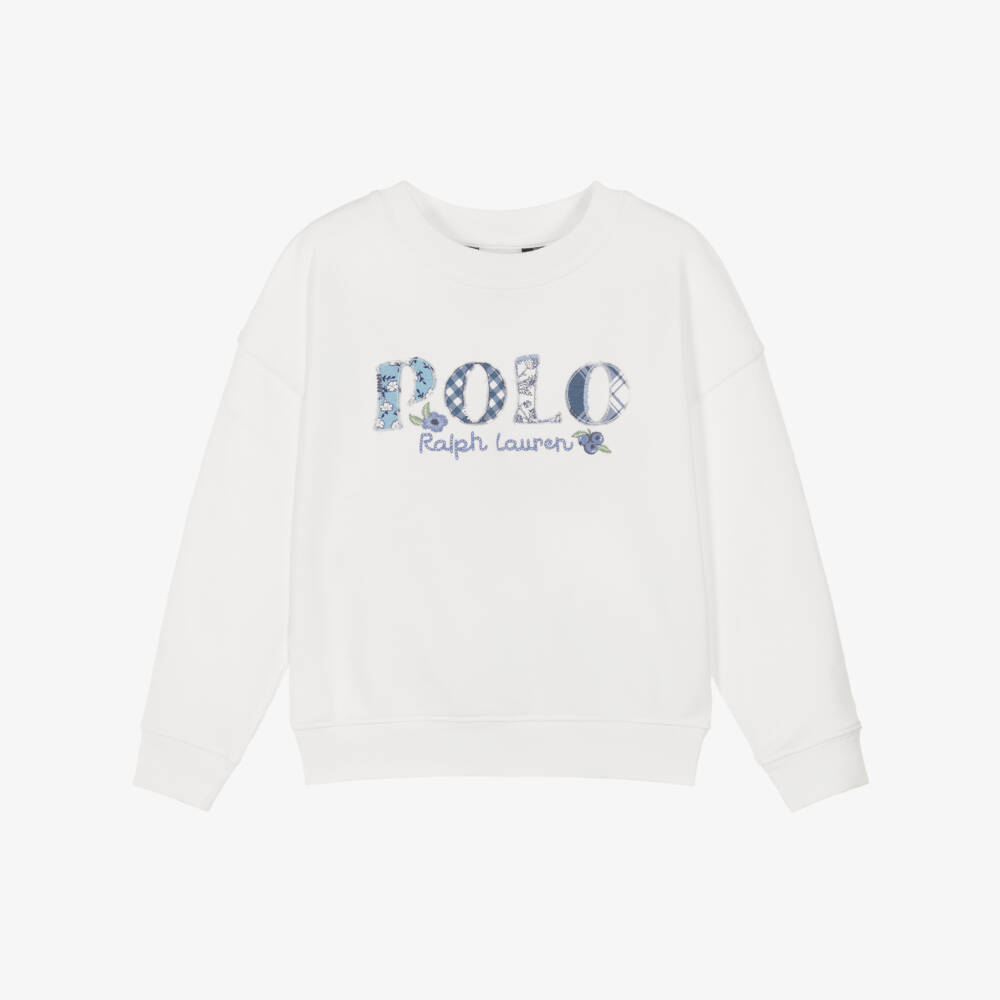 Ralph Lauren-Girls Ivory Cotton Sweatshirt with Blue Appliqué Logo | Childrensalon