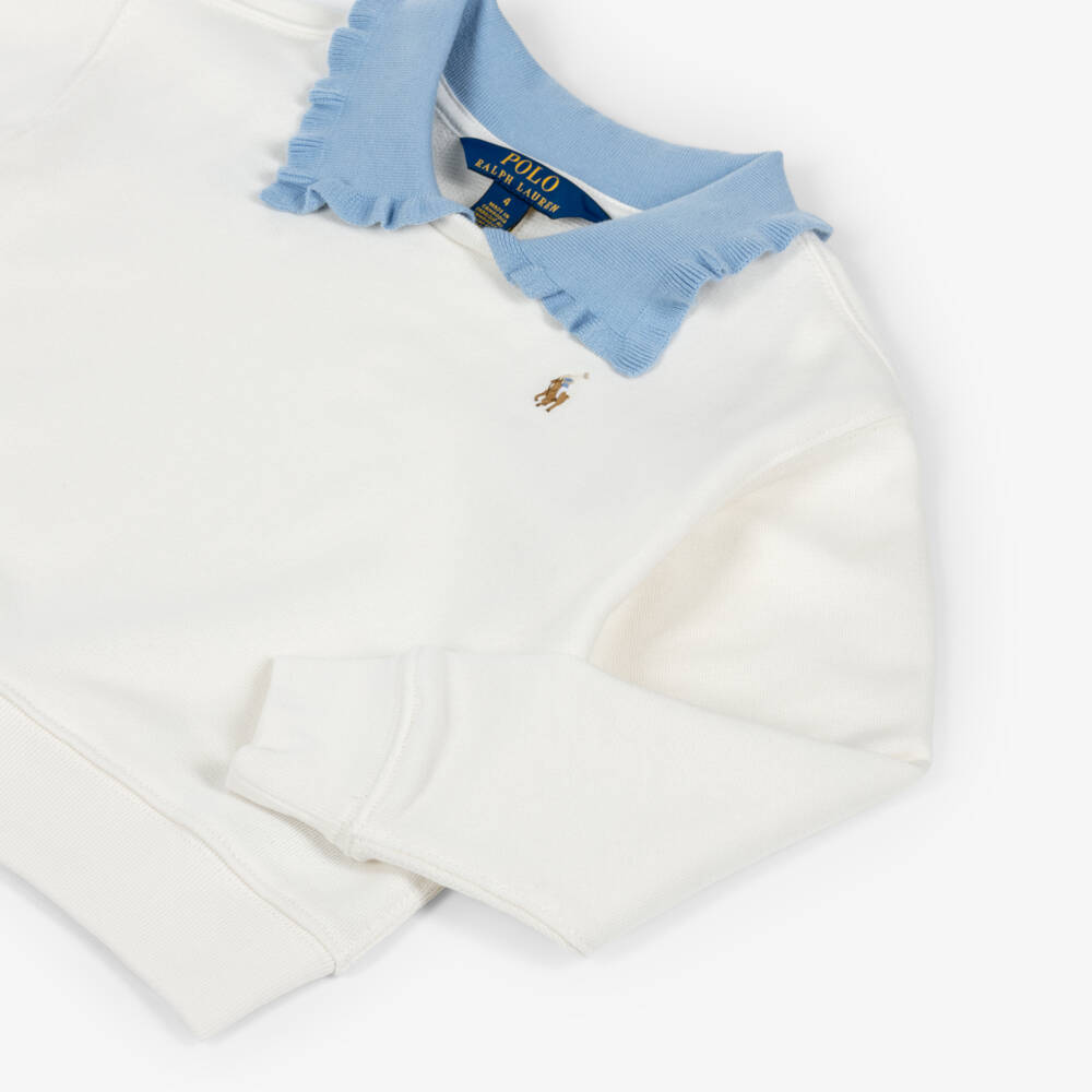 Ralph Lauren-Girls Ivory Cotton Sweatshirt with Blue Ruffle Collar | Childrensalon