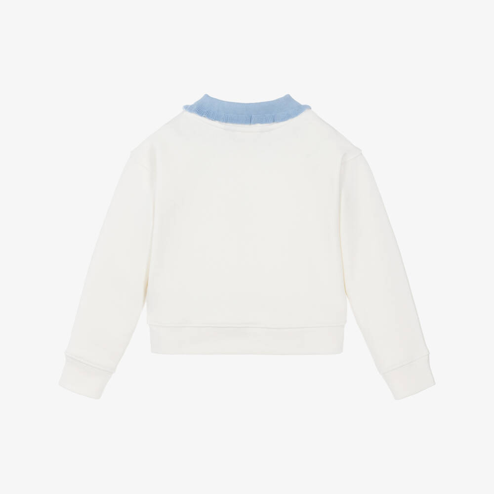 Ralph Lauren-Girls Ivory Cotton Sweatshirt with Blue Ruffle Collar | Childrensalon