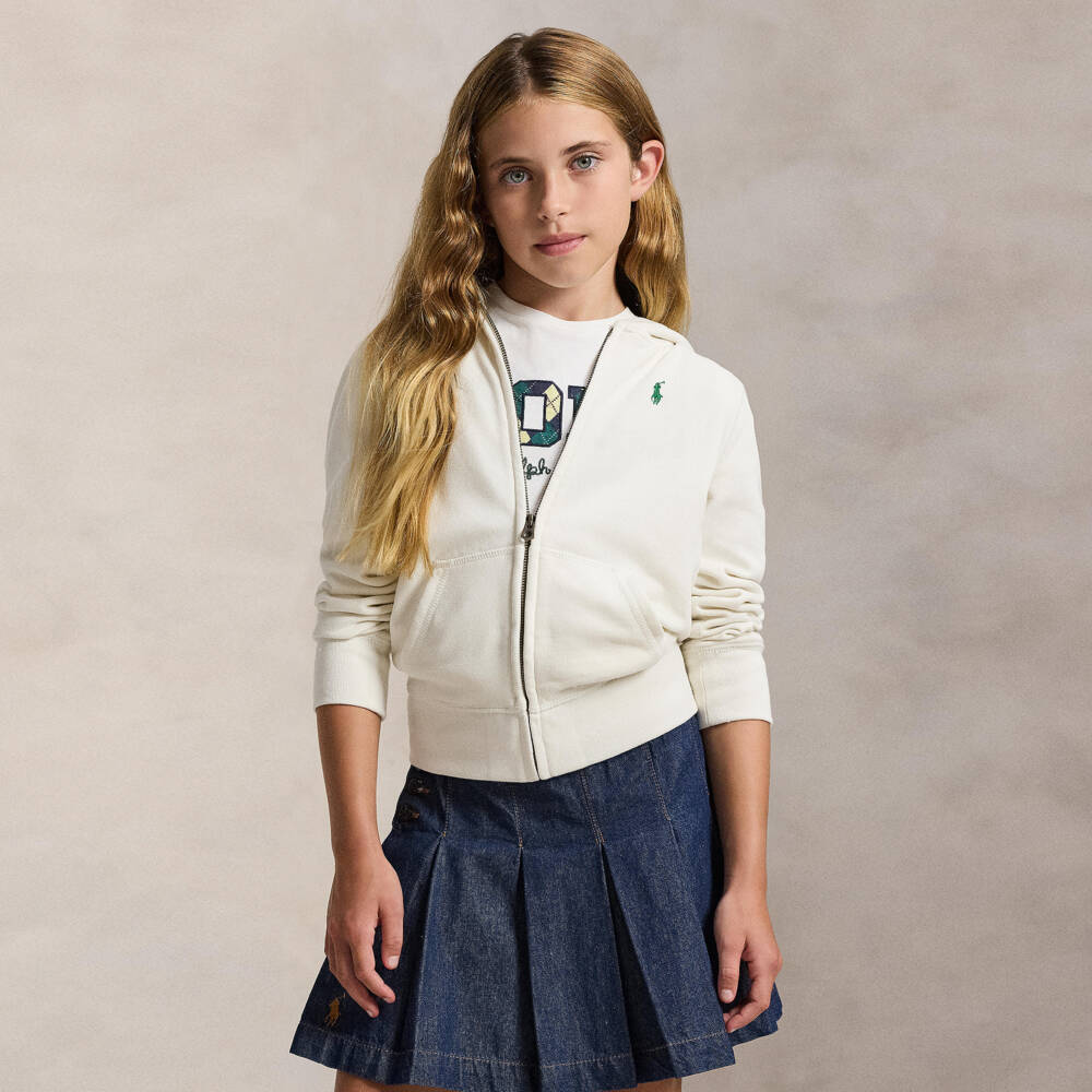 Ralph Lauren-Girls Ivory Cotton Zip-Up Hoodie with Pony Logo | Childrensalon