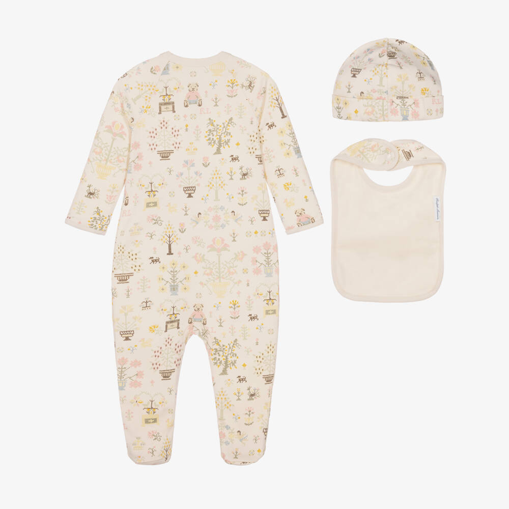 Ralph Lauren-Girls Ivory Cross-Stich Print Babysuit Gift Set | Childrensalon