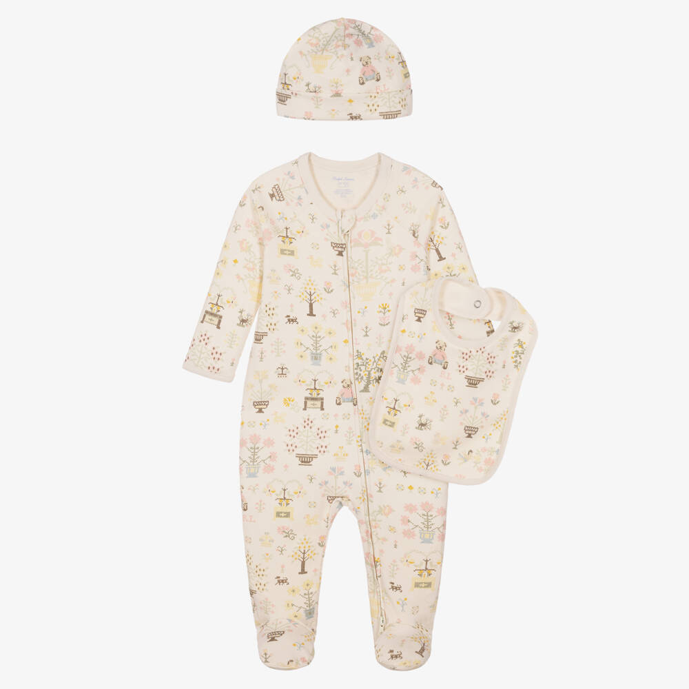 Ralph Lauren-Girls Ivory Cross-Stich Print Babysuit Gift Set | Childrensalon