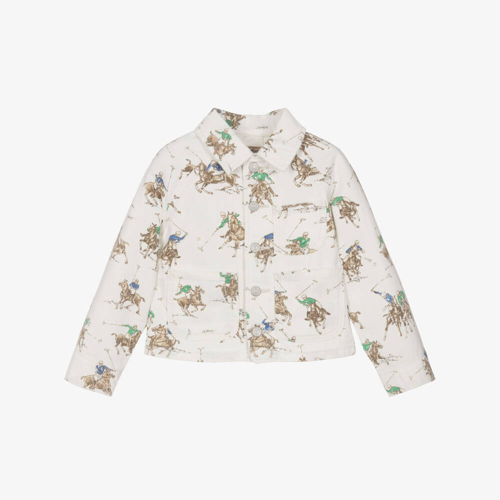 Ralph Lauren-Girls Ivory Denim Jacket with Pony & Rider Print | Childrensalon