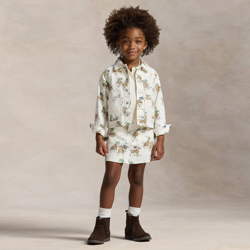 Ralph Lauren-Юбка кремовая джинсовая с принтом игрока в поло для девочек | Childrensalon