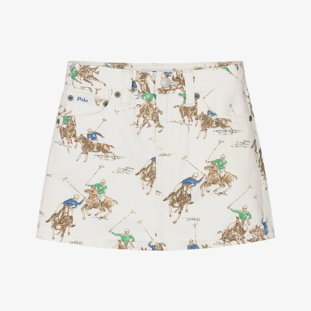 Ralph Lauren-Girls Ivory Denim Skirt with Polo Player Print | Childrensalon
