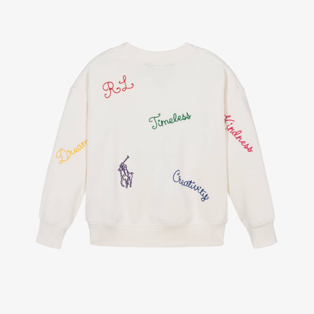 Ralph Lauren-Girls Ivory Embroidered Jersey Sweatshirt | Childrensalon