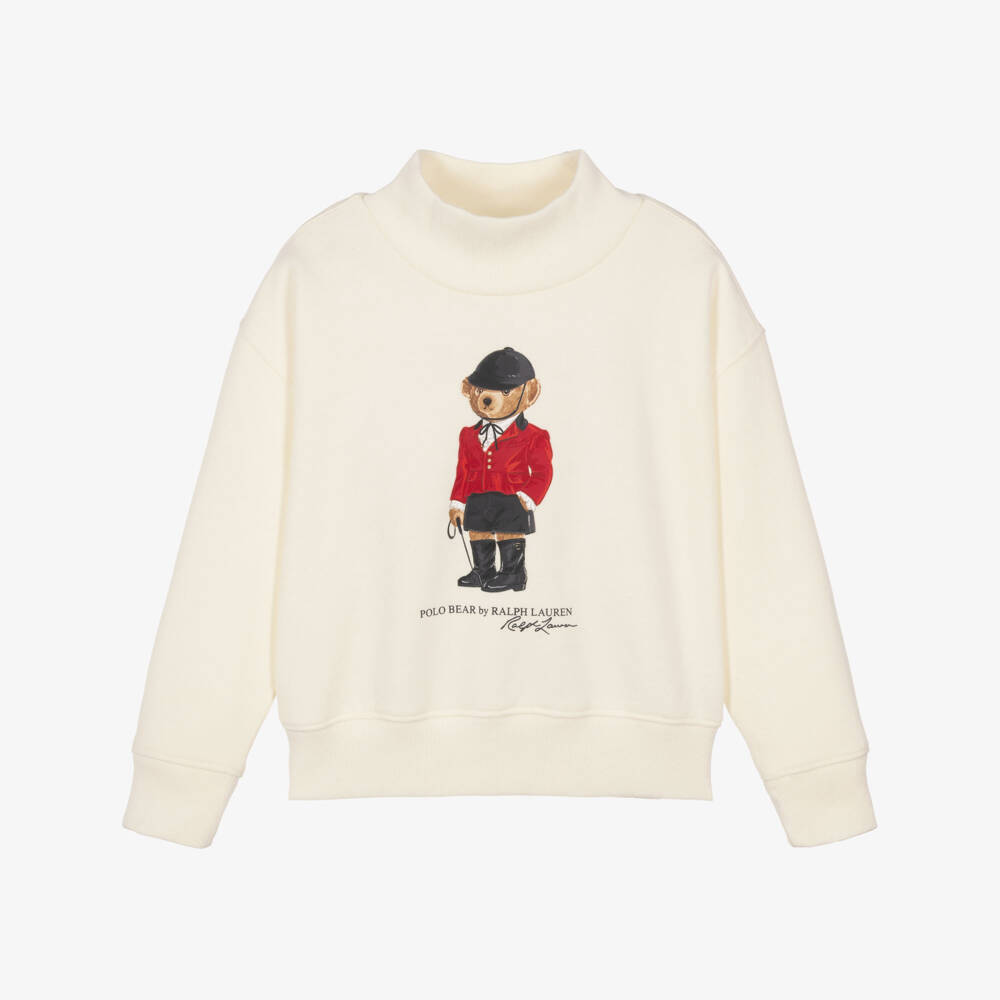 Ralph Lauren-Girls Ivory Equestrian Polo Bear Sweatshirt | Childrensalon
