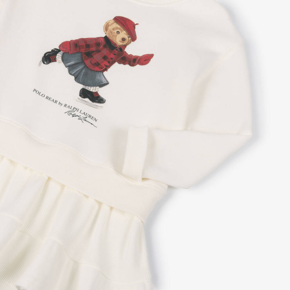 Ralph Lauren-Girls Ivory Jersey Polo Bear Sweatshirt Dress | Childrensalon