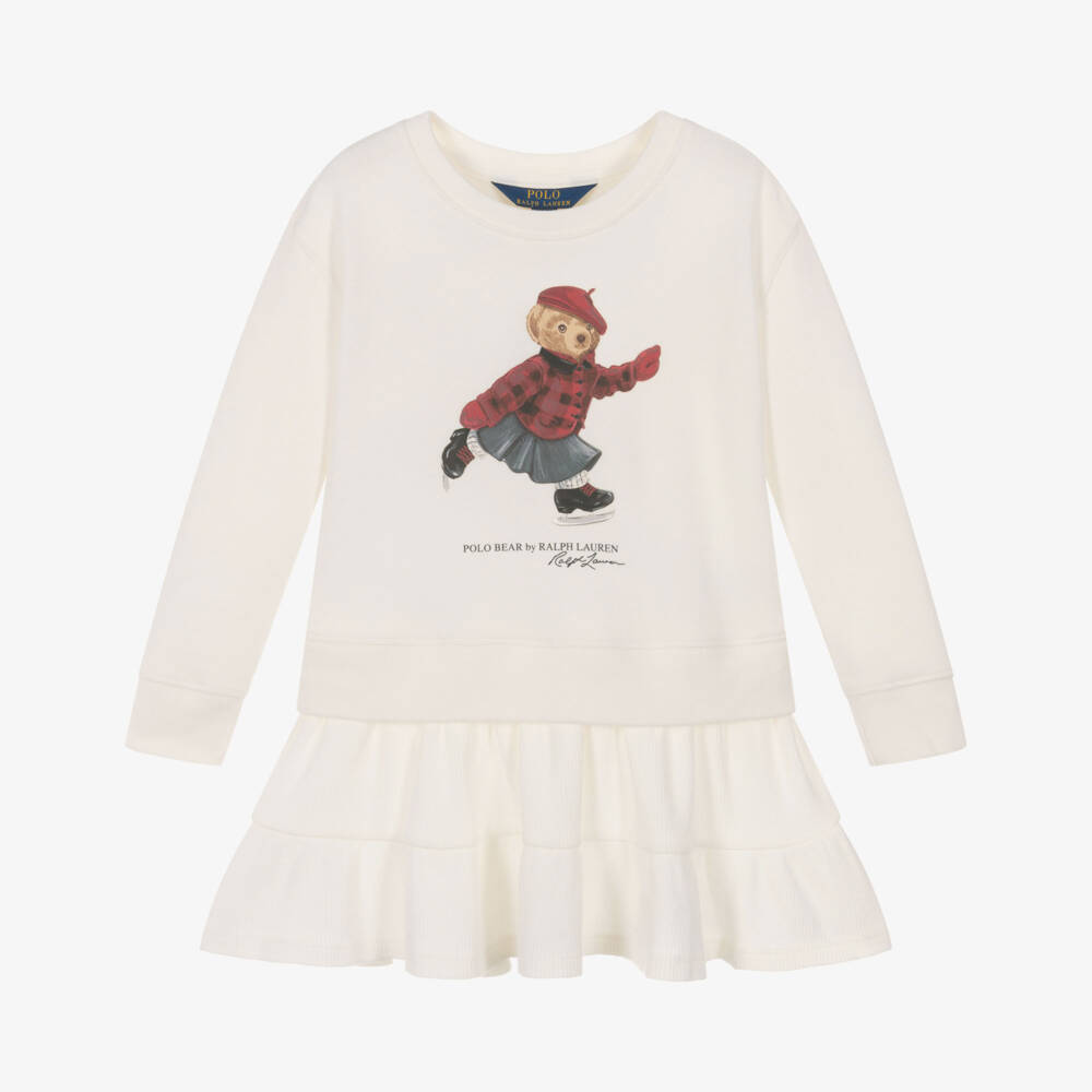 Ralph Lauren-Girls Ivory Jersey Polo Bear Sweatshirt Dress | Childrensalon