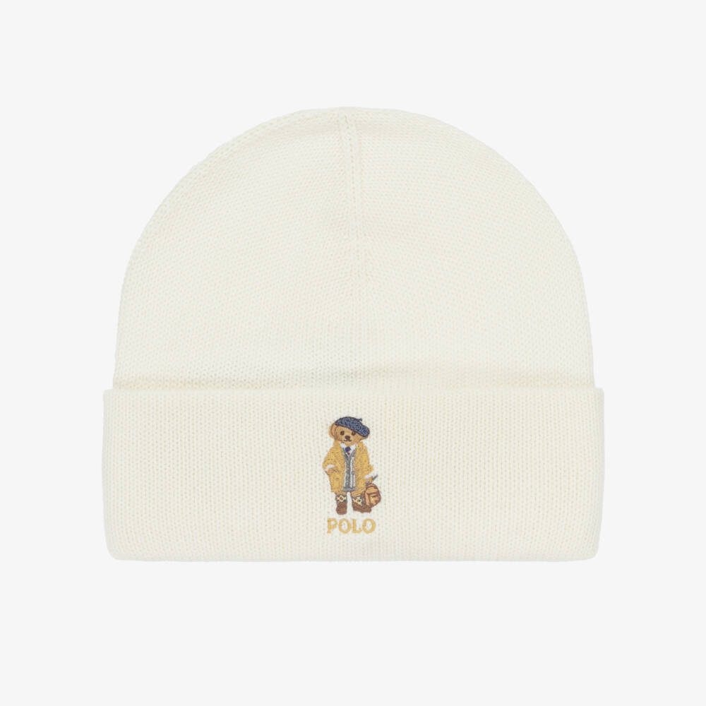 Ralph Lauren-Girls Ivory Polo Bear Cotton Knit Beanie Hat | Childrensalon