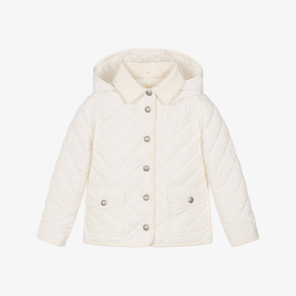 Ralph Lauren-Girls Ivory Quilted Jacket with Corduroy Collar | Childrensalon