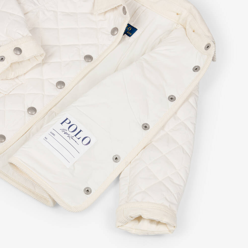 Ralph Lauren-Girls Ivory Quilted Jacket with Corduroy Collar | Childrensalon