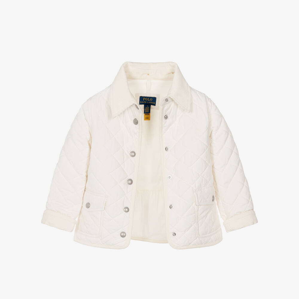 Ralph Lauren-Girls Ivory Quilted Jacket with Corduroy Collar | Childrensalon