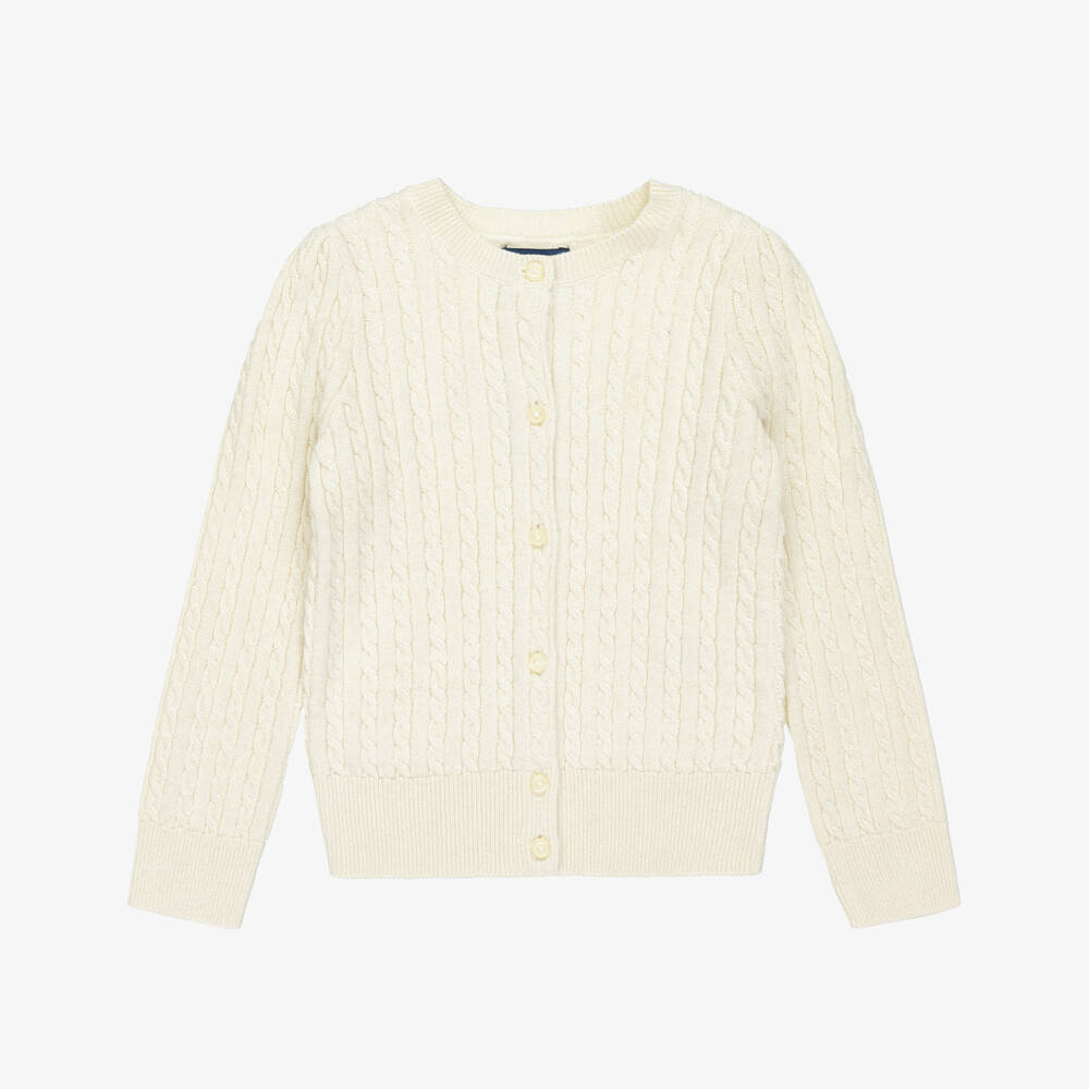 Ralph Lauren-Girls Ivory & Shimmery Gold Cable Knit Cardigan | Childrensalon