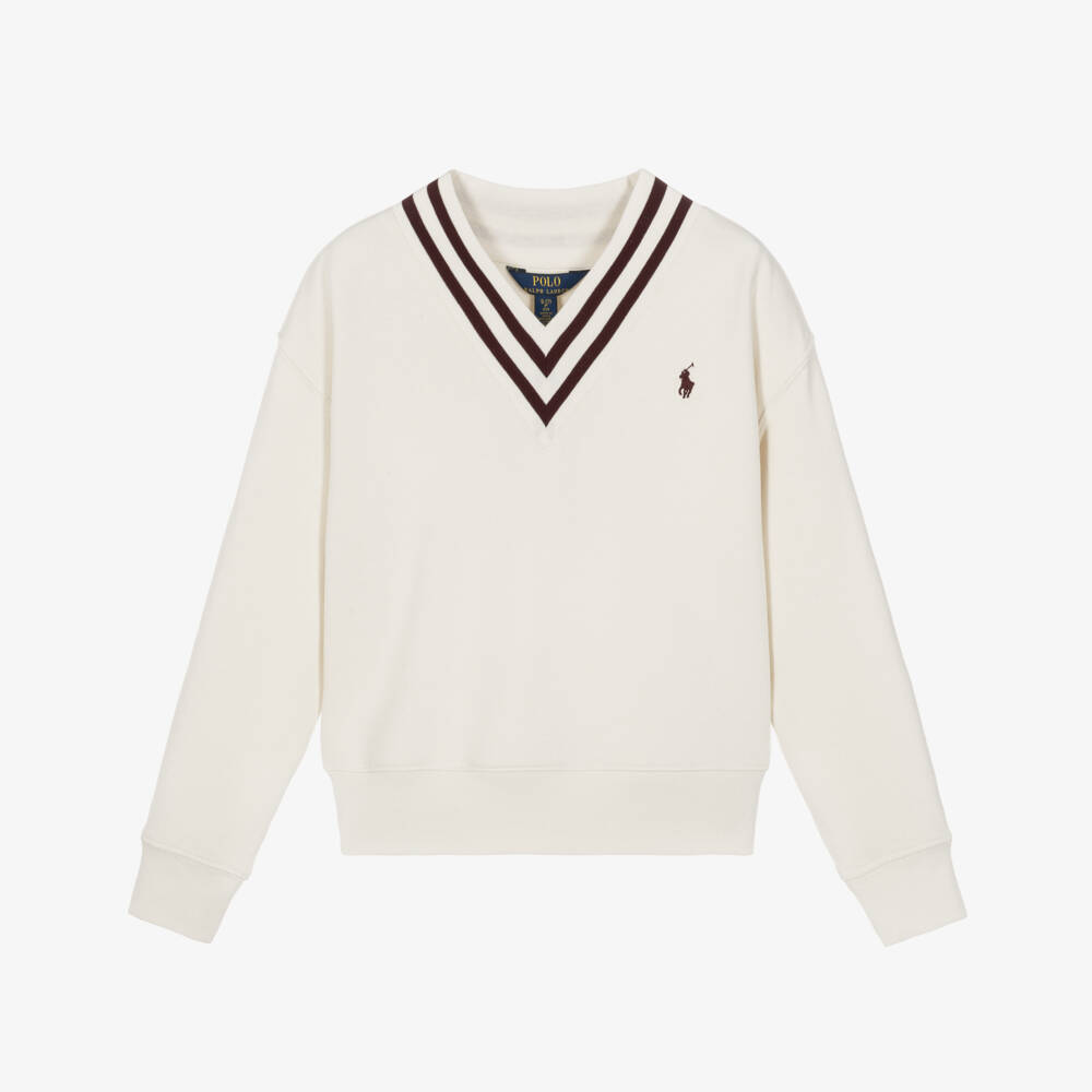Ralph Lauren-Girls Ivory V-Neck Cricket Sweatsthirt | Childrensalon