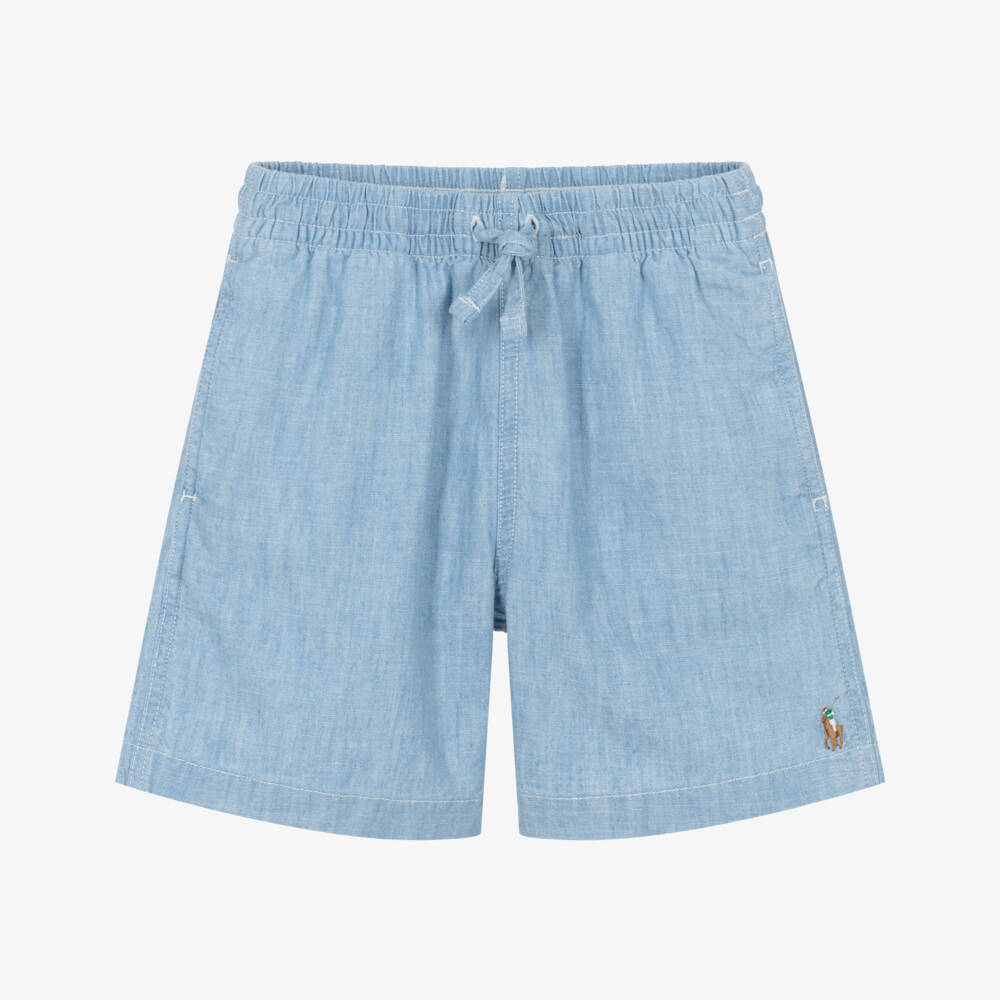 Ralph Lauren-Girls Light Blue Chambray Shorts with Pony Logo Embroidery | Childrensalon