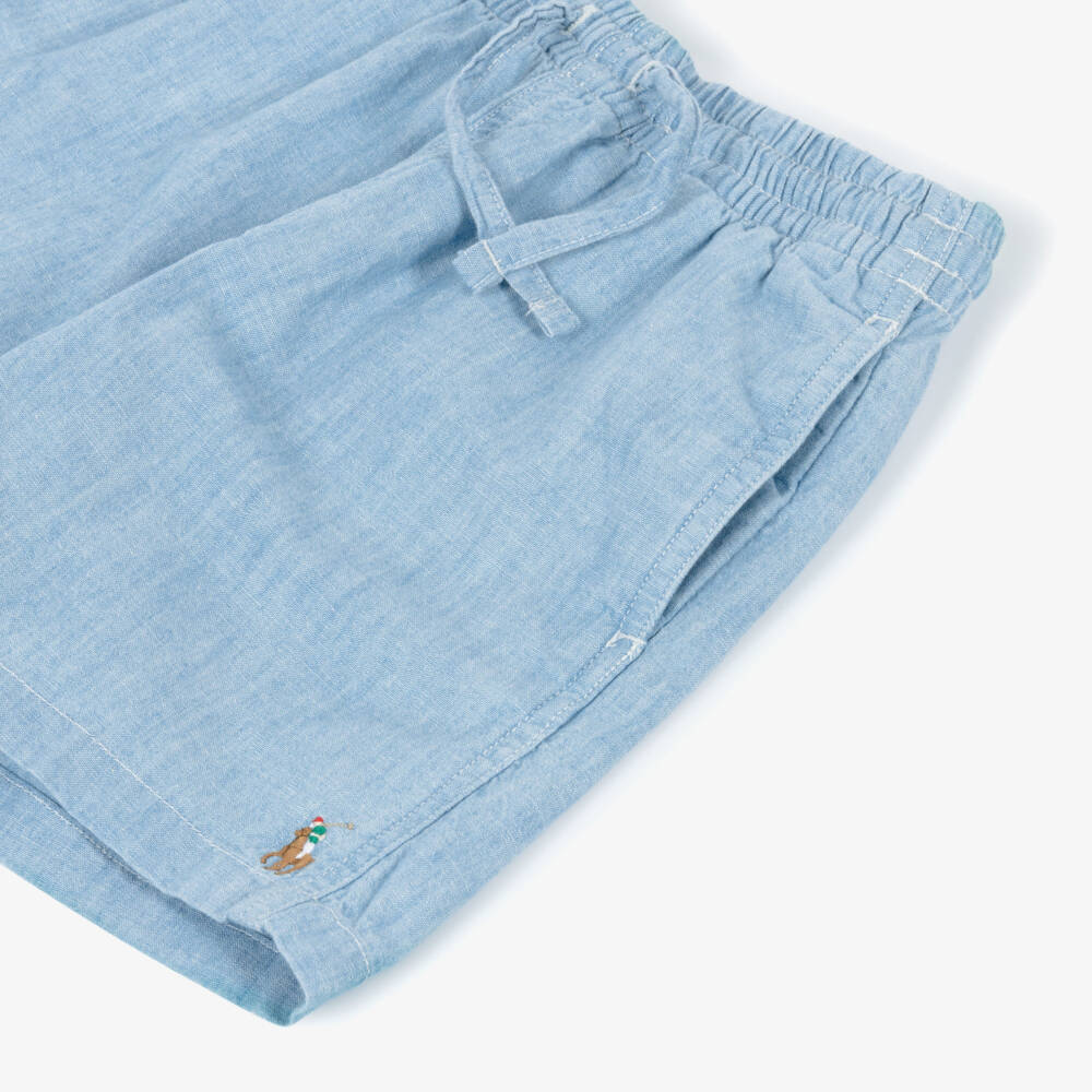 Ralph Lauren-Girls Light Blue Chambray Shorts with Pony Logo Embroidery | Childrensalon
