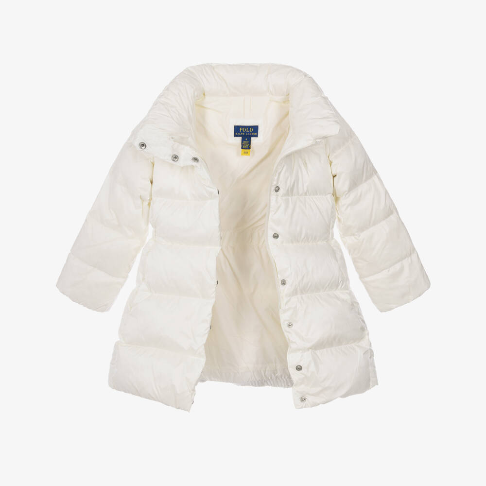 Ralph Lauren-Girls Long Hooded Down Coat in White | Childrensalon