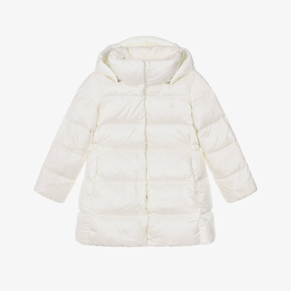 Ralph Lauren-Girls Long Hooded Down Coat in White | Childrensalon