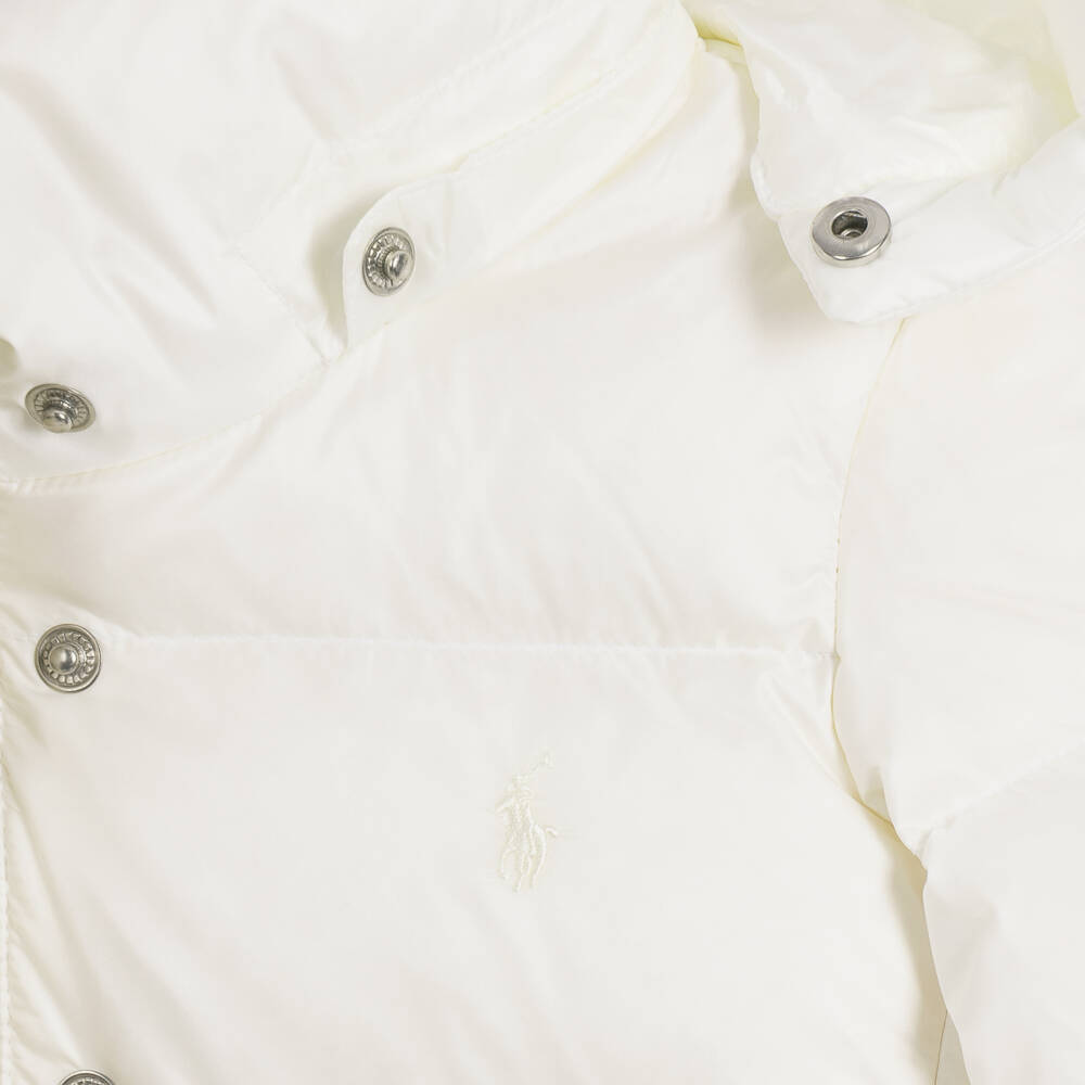 Ralph Lauren-Girls Long Hooded Down Coat in White | Childrensalon