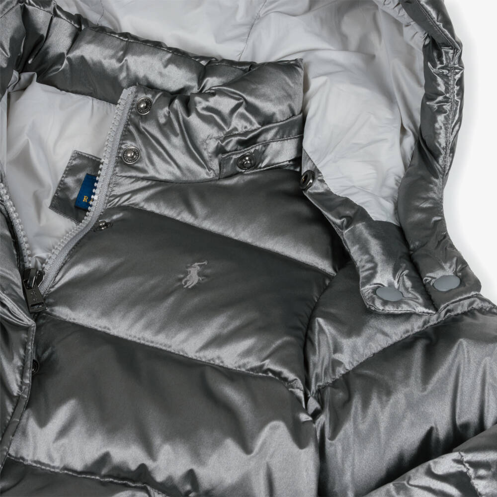 Ralph Lauren-Girls Metallic Grey Down Puffer Jacket | Childrensalon