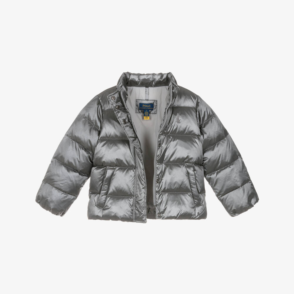 Ralph Lauren-Girls Metallic Grey Down Puffer Jacket | Childrensalon