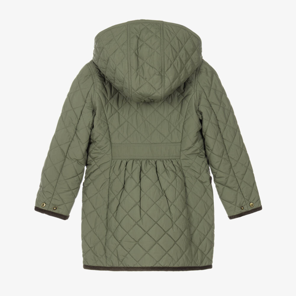 Ralph Lauren-Girls Moss Green Quilted Coat with Corduroy Trims | Childrensalon