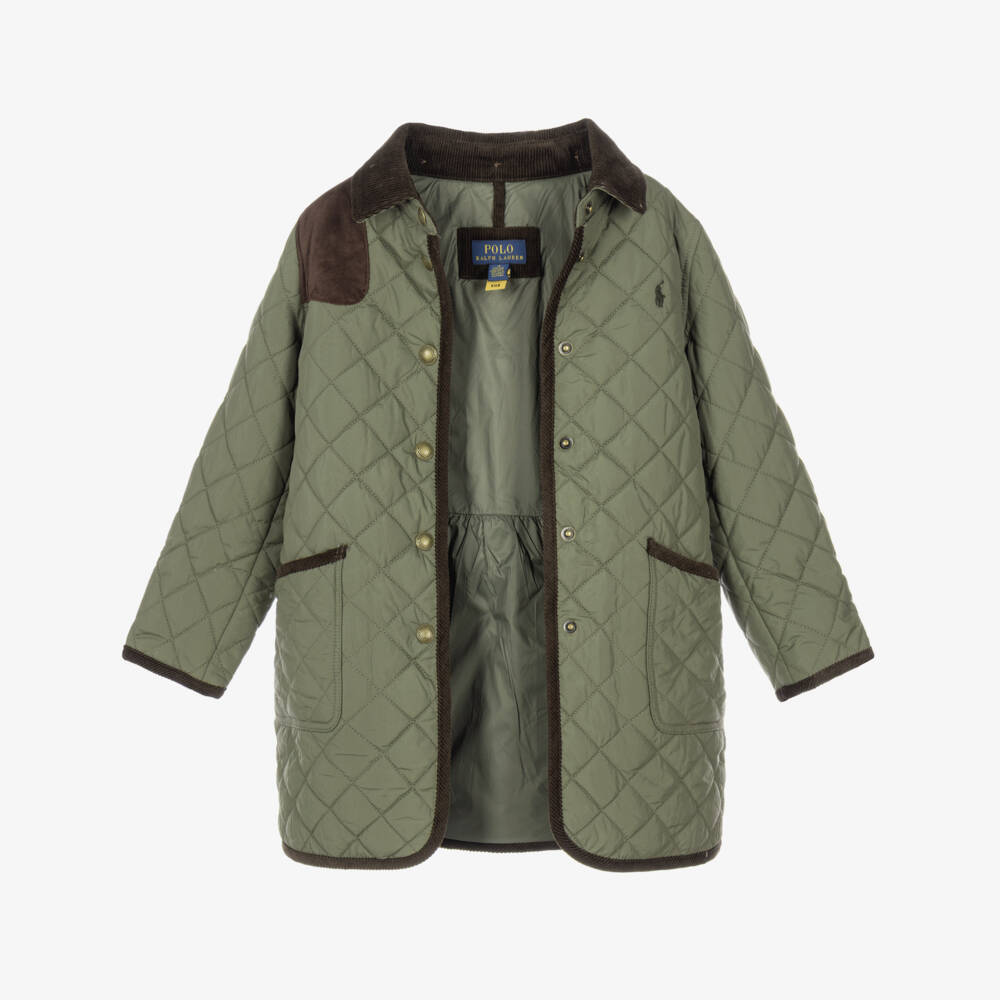 Ralph Lauren-Girls Moss Green Quilted Coat with Corduroy Trims | Childrensalon