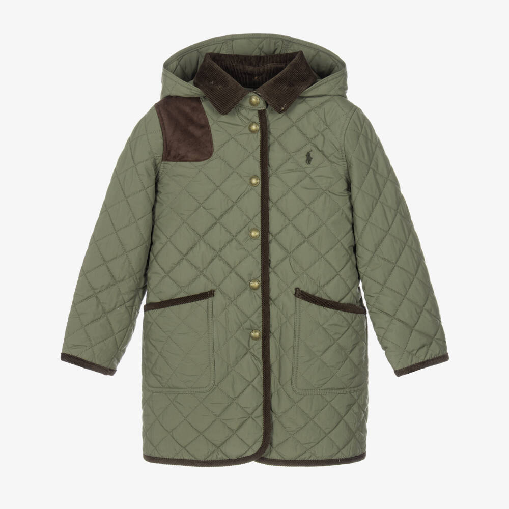 Ralph Lauren-Girls Moss Green Quilted Coat with Corduroy Trims | Childrensalon