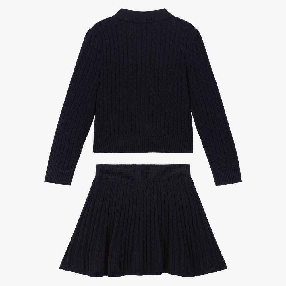 Ralph Lauren-Girls Navy Blue Cable Knit Cotton Skirt Set | Childrensalon