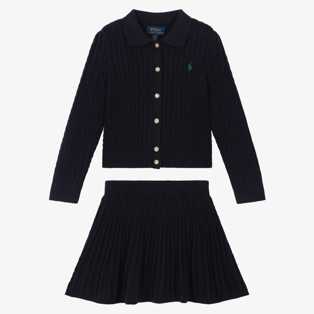 Ralph Lauren-Girls Navy Blue Cable Knit Cotton Skirt Set | Childrensalon
