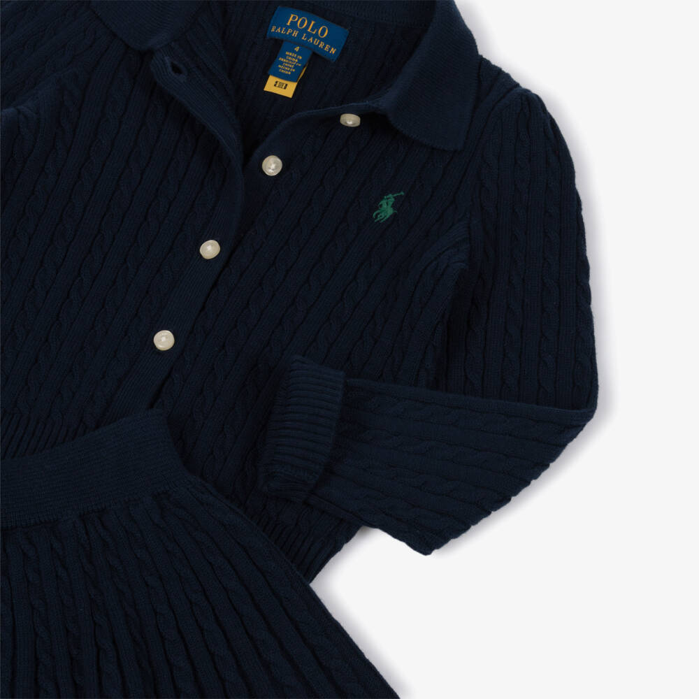 Ralph Lauren-Girls Navy Blue Cable Knit Cotton Skirt Set | Childrensalon