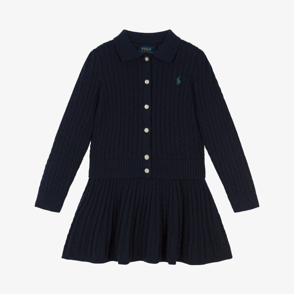 Ralph Lauren-Girls Navy Blue Cable Knit Cotton Skirt Set | Childrensalon