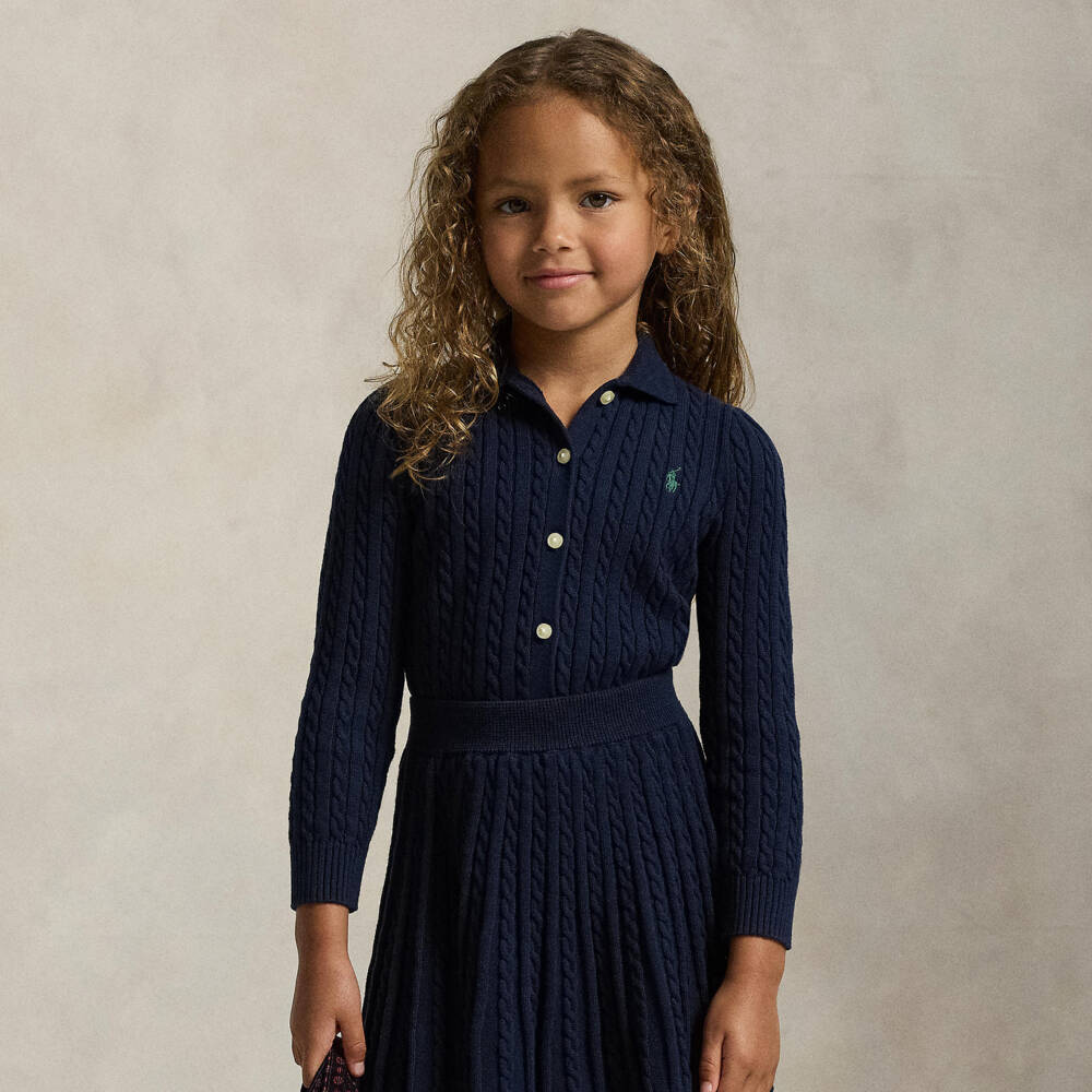 Ralph Lauren-Girls Navy Blue Cable Knit Cotton Skirt Set | Childrensalon
