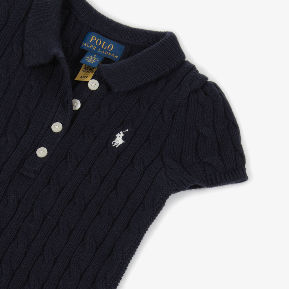Ralph Lauren-Girls Navy Blue Cable Knit Polo Dress | Childrensalon