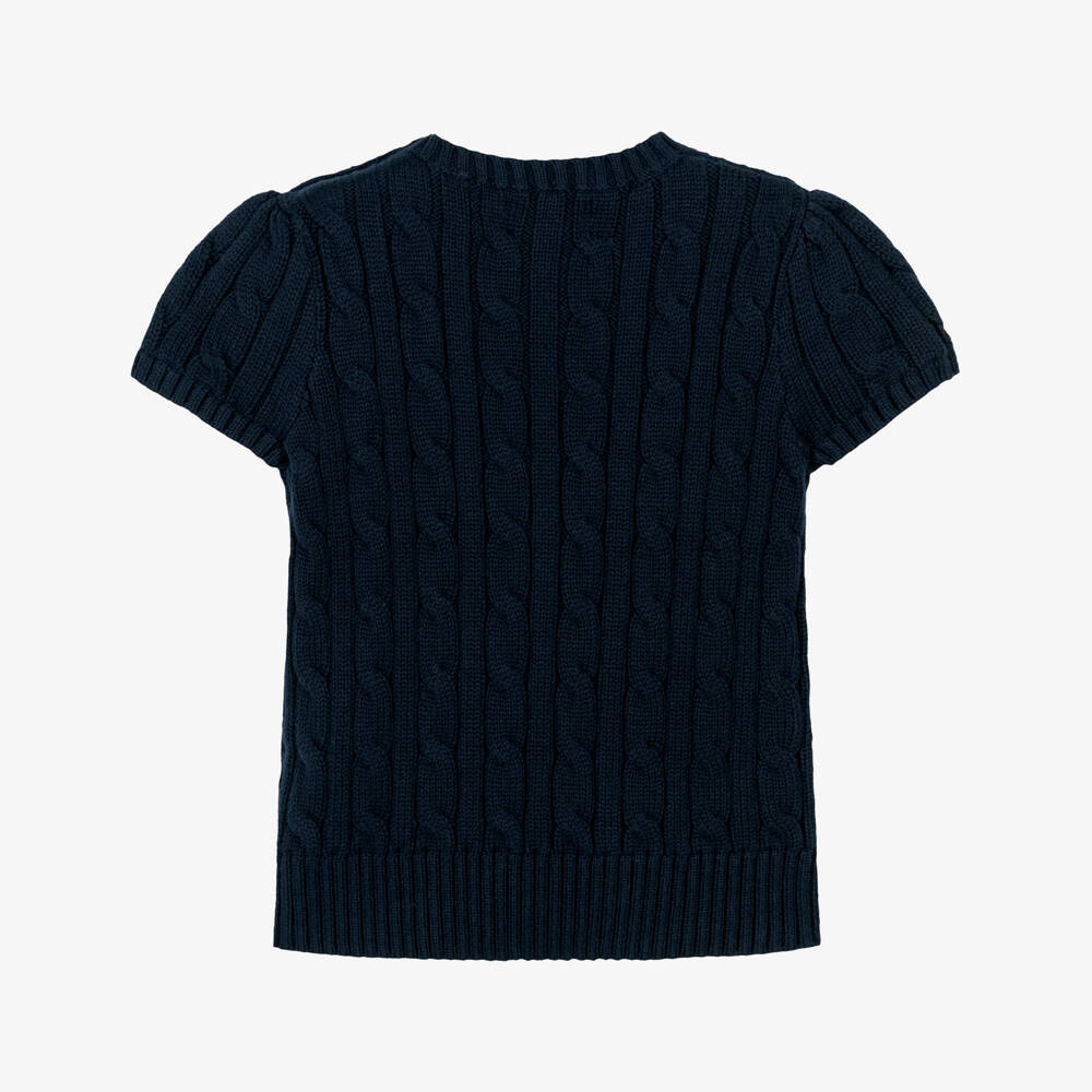 Ralph Lauren-Girls Navy Blue Cable Knit Short Sleeved Sweater | Childrensalon