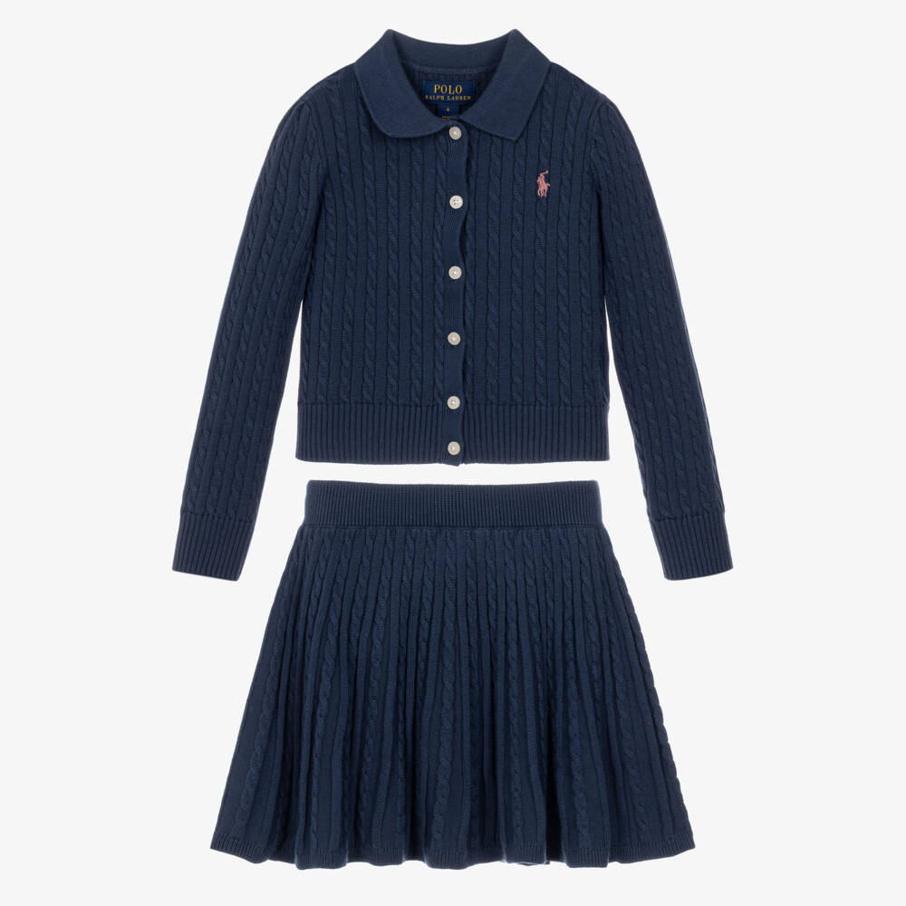 Ralph Lauren-Girls Navy Blue Cable Knit Skirt Set | Childrensalon