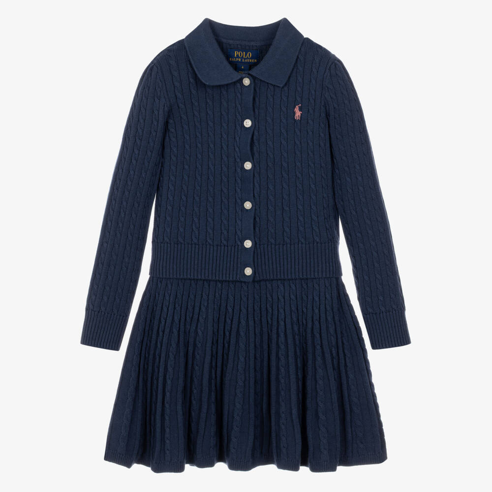 Ralph Lauren-Girls Navy Blue Cable Knit Skirt Set | Childrensalon