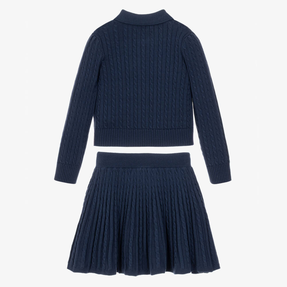 Ralph Lauren-Girls Navy Blue Cable Knit Skirt Set | Childrensalon