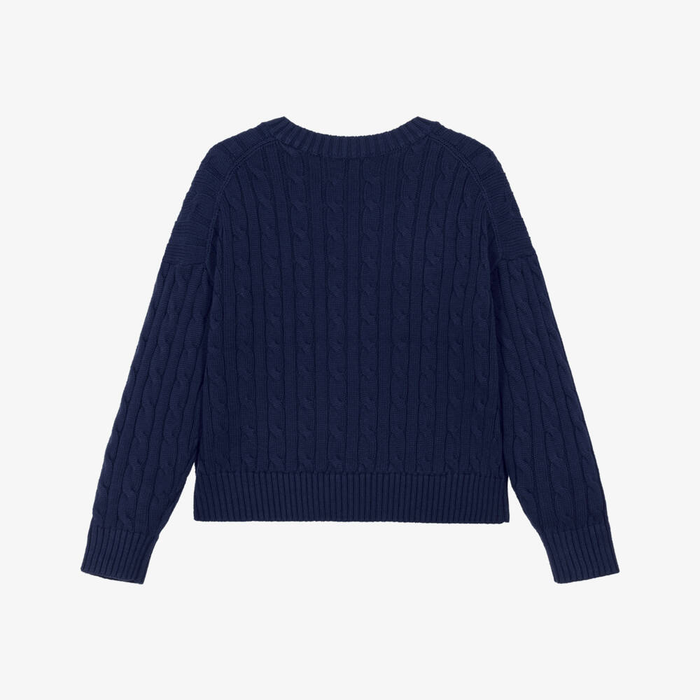 Ralph Lauren-Girls Navy Blue Cable Knit Sweater with V-Neck | Childrensalon