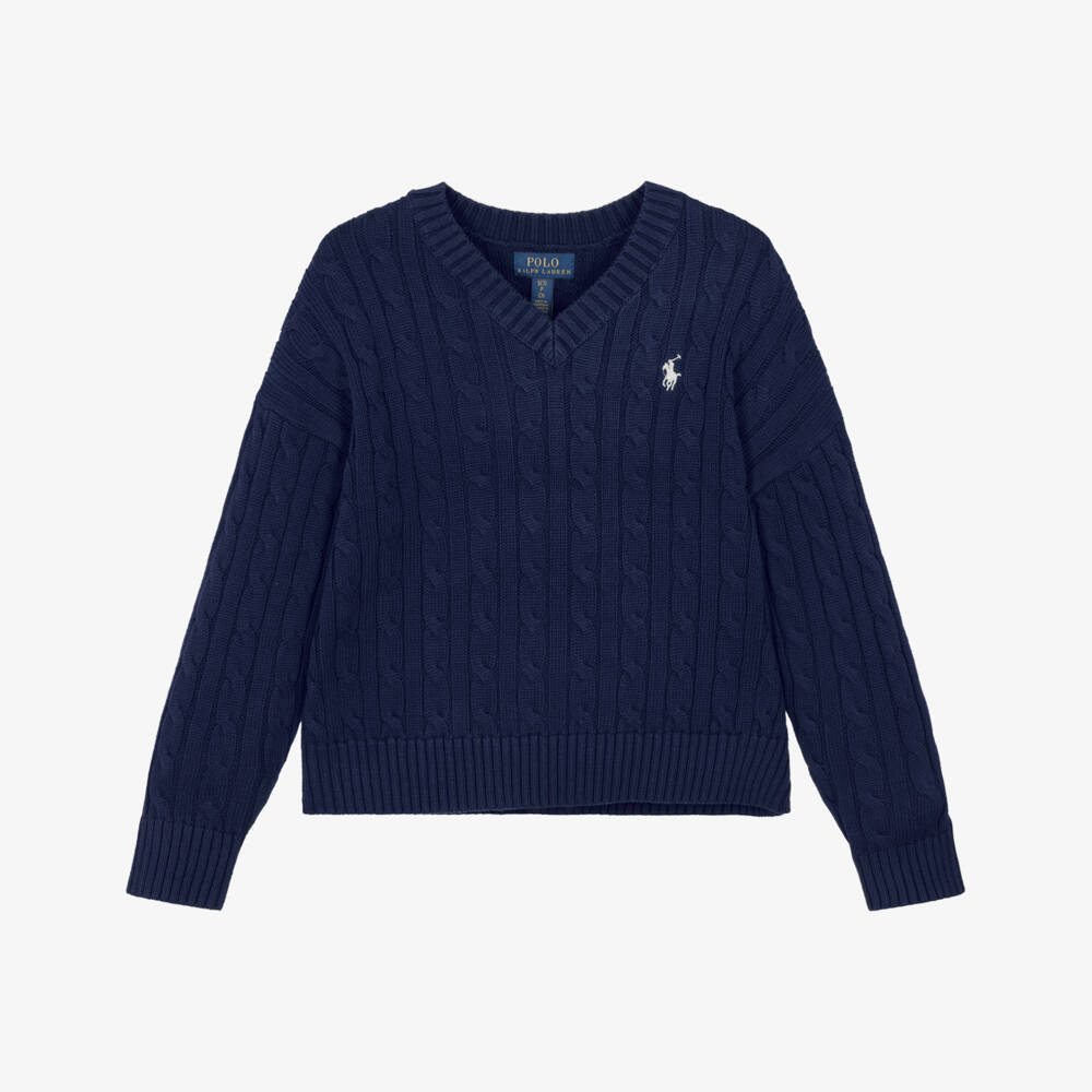 Ralph Lauren-Girls Navy Blue Cable Knit Sweater with V-Neck | Childrensalon